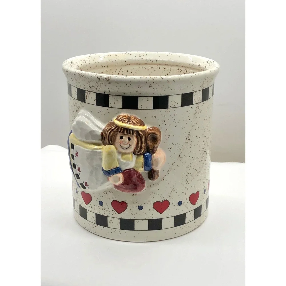 Vintage Ceramic Angel Baking Utensil Crock Heart Checkered Farmhouse Canister